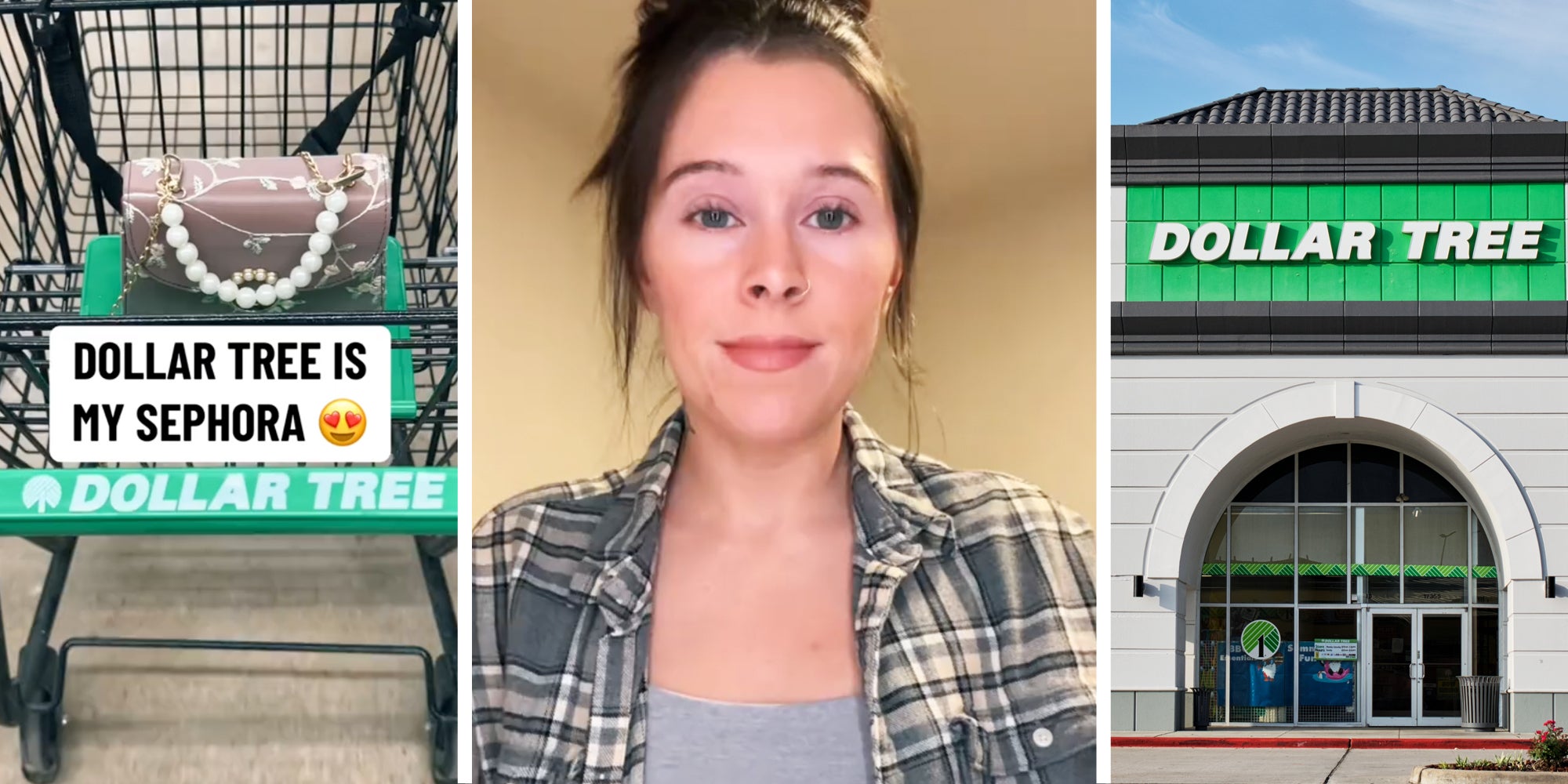 Dollar tree cart with purse and text that says 'Dollar Tree is my sephora'(l), Woman talking(c), Dollar Tree(r)
