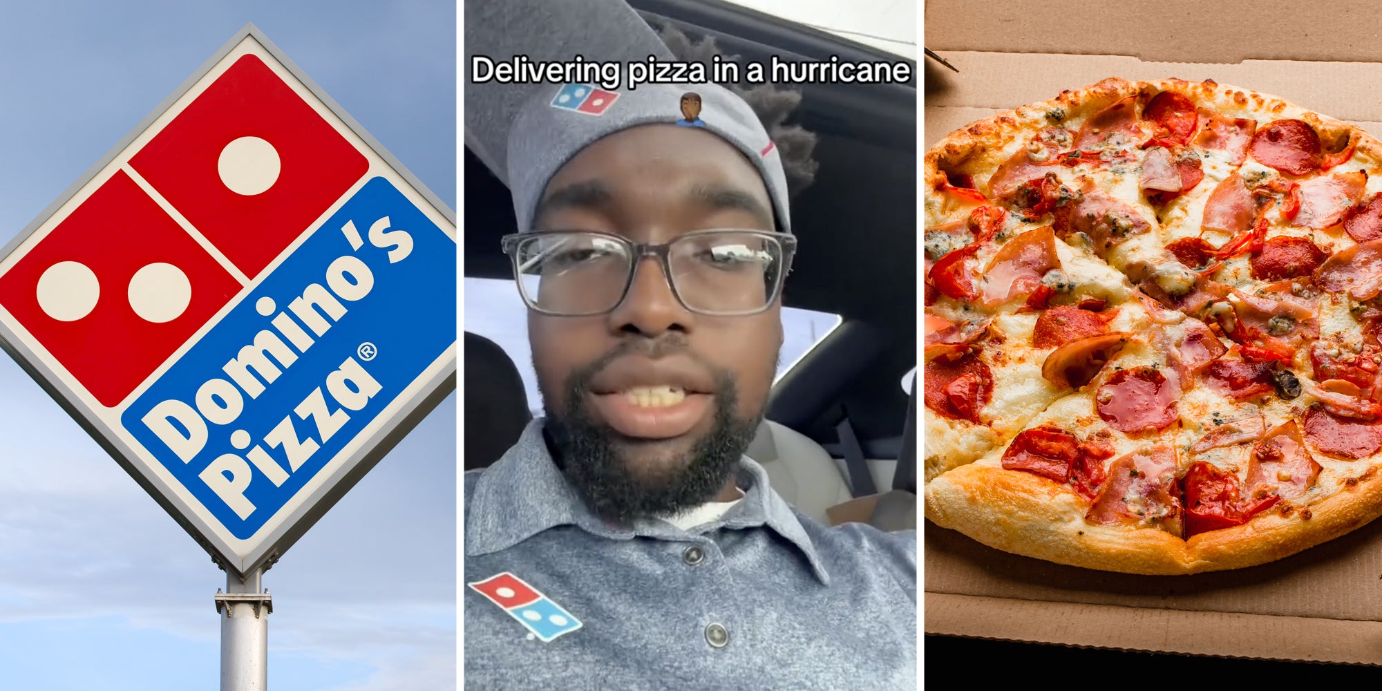 Domino's Pizza sign(l), Domino's Delivery guy with text that says 'Delivery pizza in a hurricane'(c), Pizza in box(r)