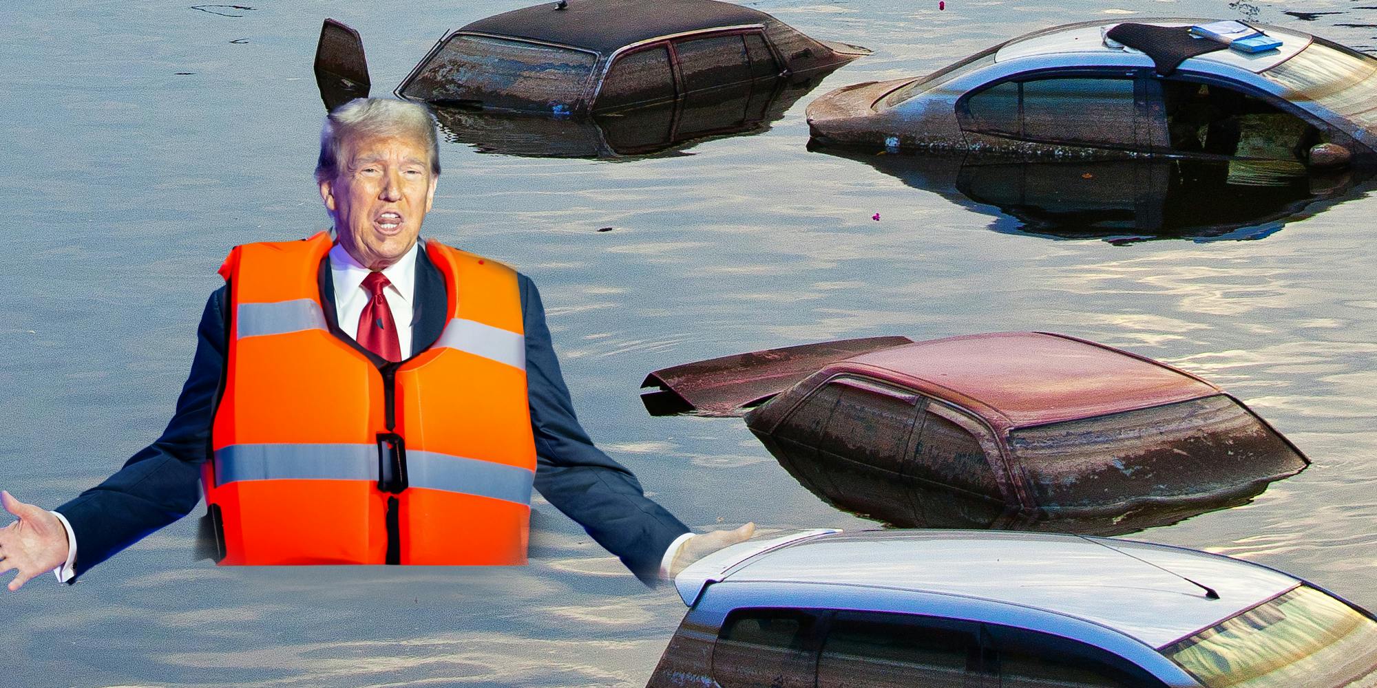 Donald Trump in Life vest amongst flood area with sunken cars