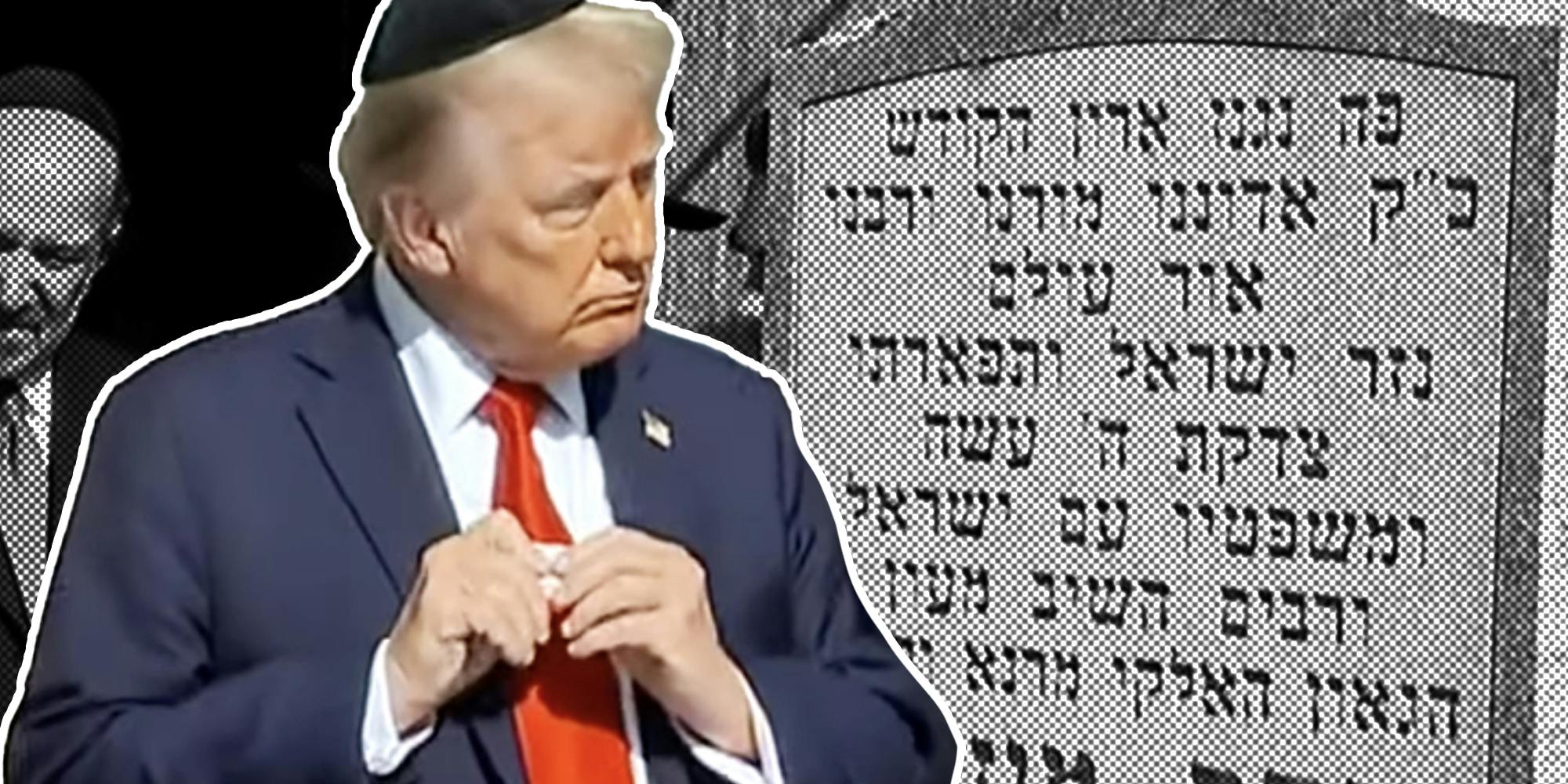 Donald Trump with yarmulke on and holding stone in his hands in front of Jewish tombstone