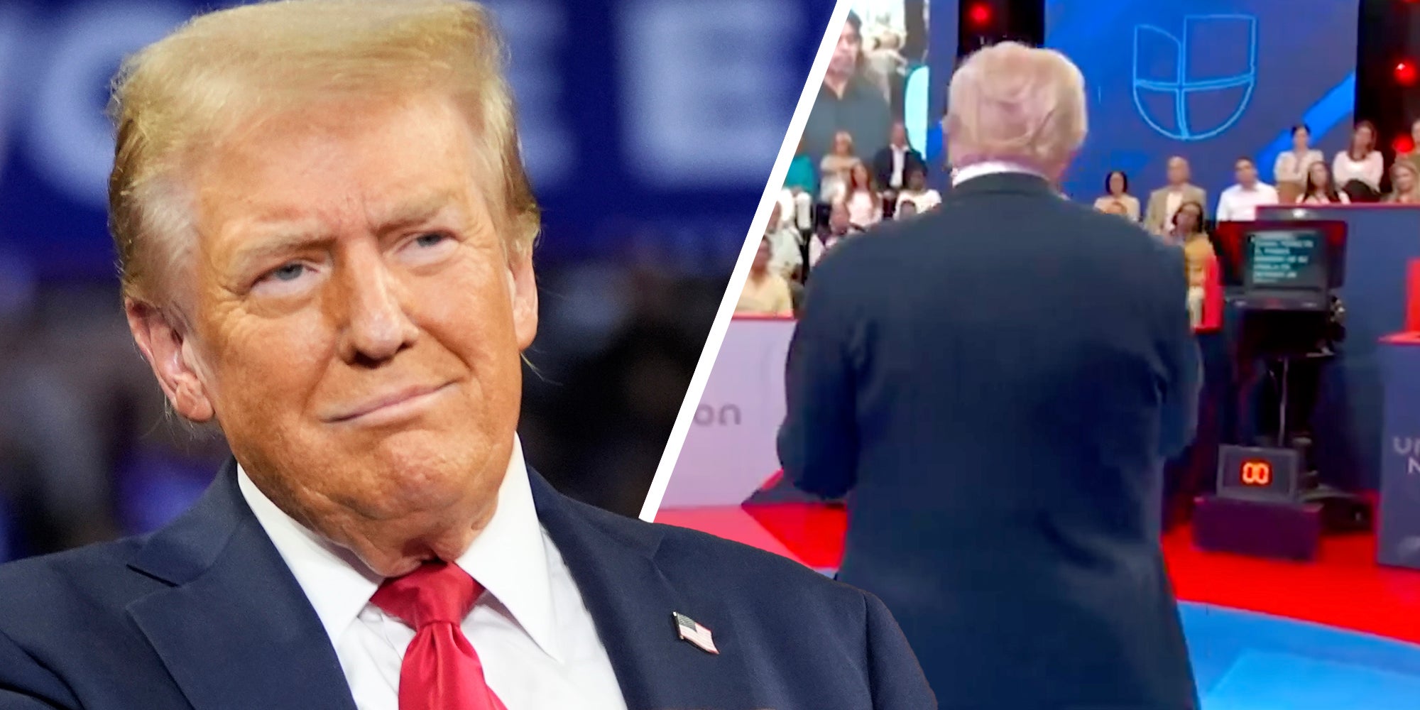 Donald Trump(l), Donald Trump reading from teleprompter(r)