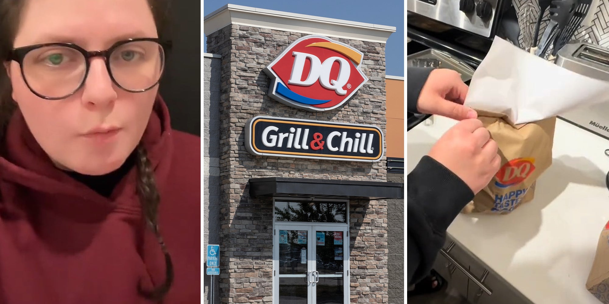 Woman wearing glasses and red hoodie(l) Dairy Queen Sign (c) Opening Dairy Queen Mystery Bag