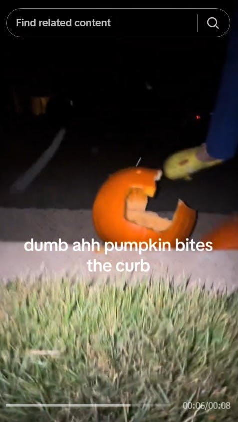 dumb ahh pumpkin bites the curb