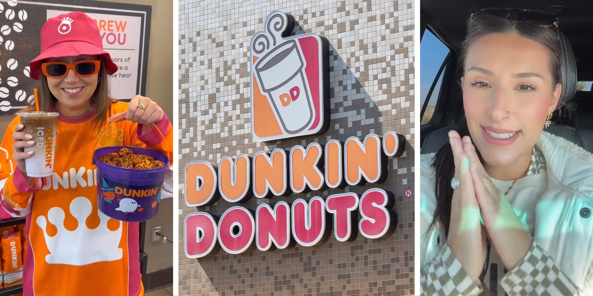 Woman wearing dunkin Merch(l) Dunkin Donuts Store sign(c) Woman sharing her Dunkin Story on tiktok(r)