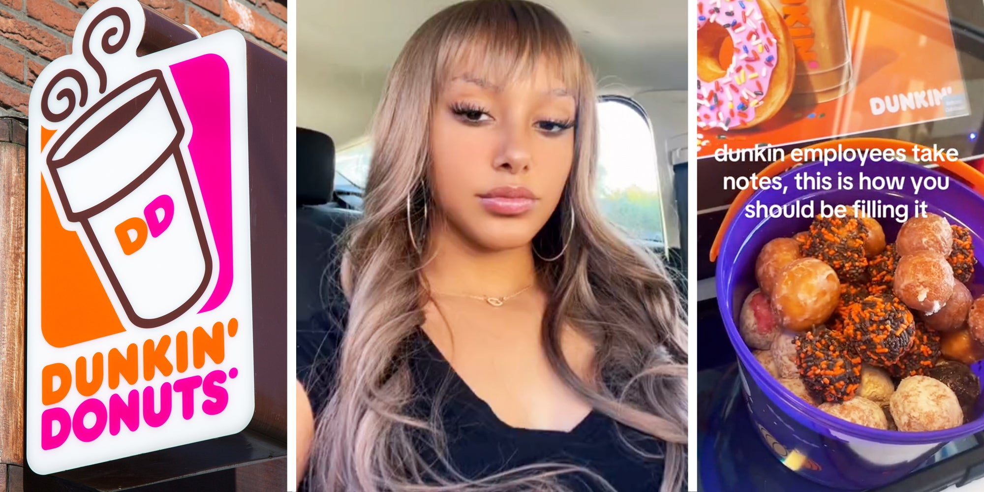 Dunkin Donuts sign(l), Woman talking(c), Munchkin Halloween donut bucket with text that says 'Dunkin employees take notes, this is how you should be filling it'(r)