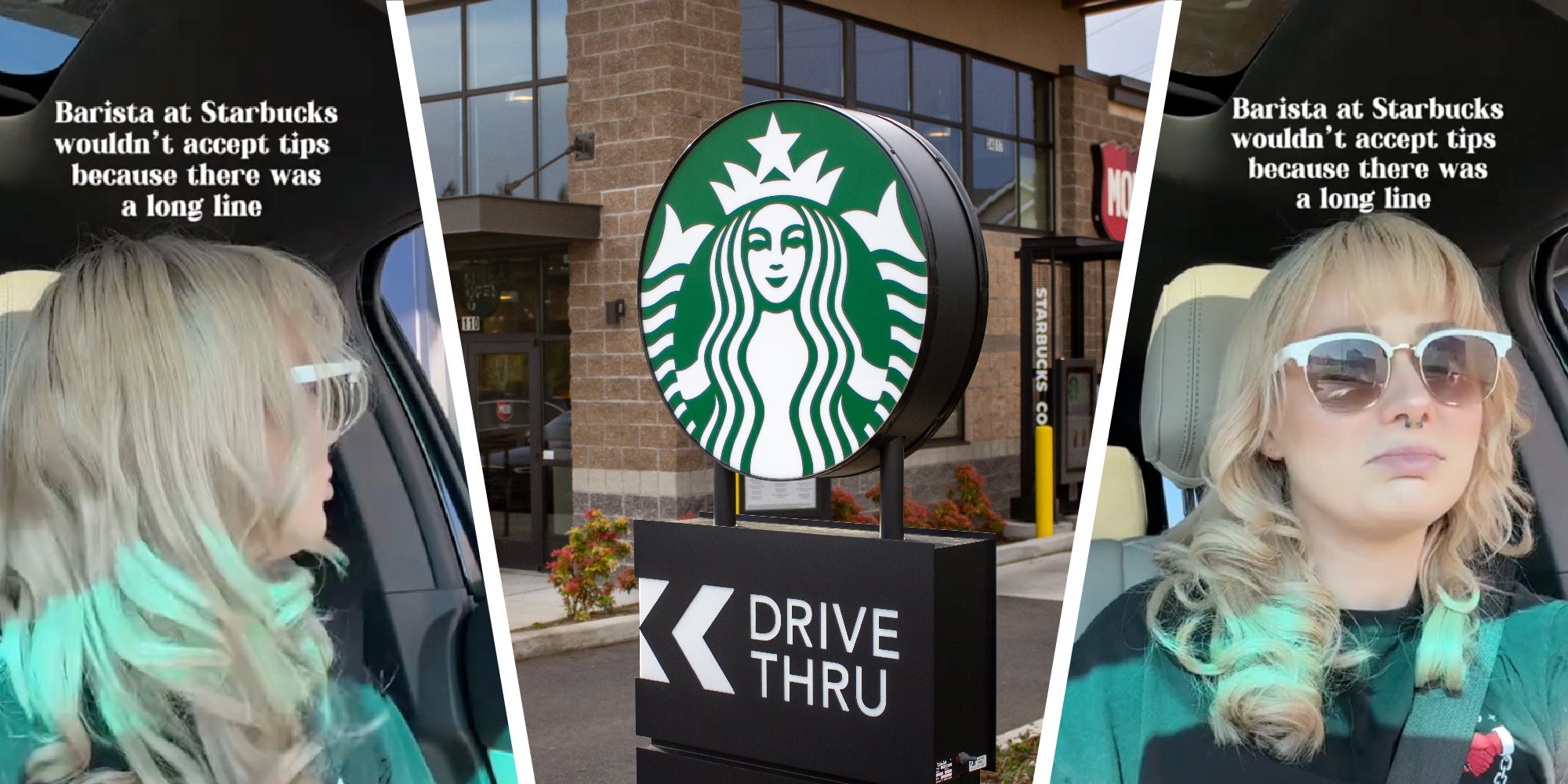 3 panel image. On the sides is a person sitting in their car getting an order through a drive thru window. The text over it says, ' Barista at Starbucks wouldn't accept tips because there was a long line'. In the middle is a Starbucks drive thru sign.