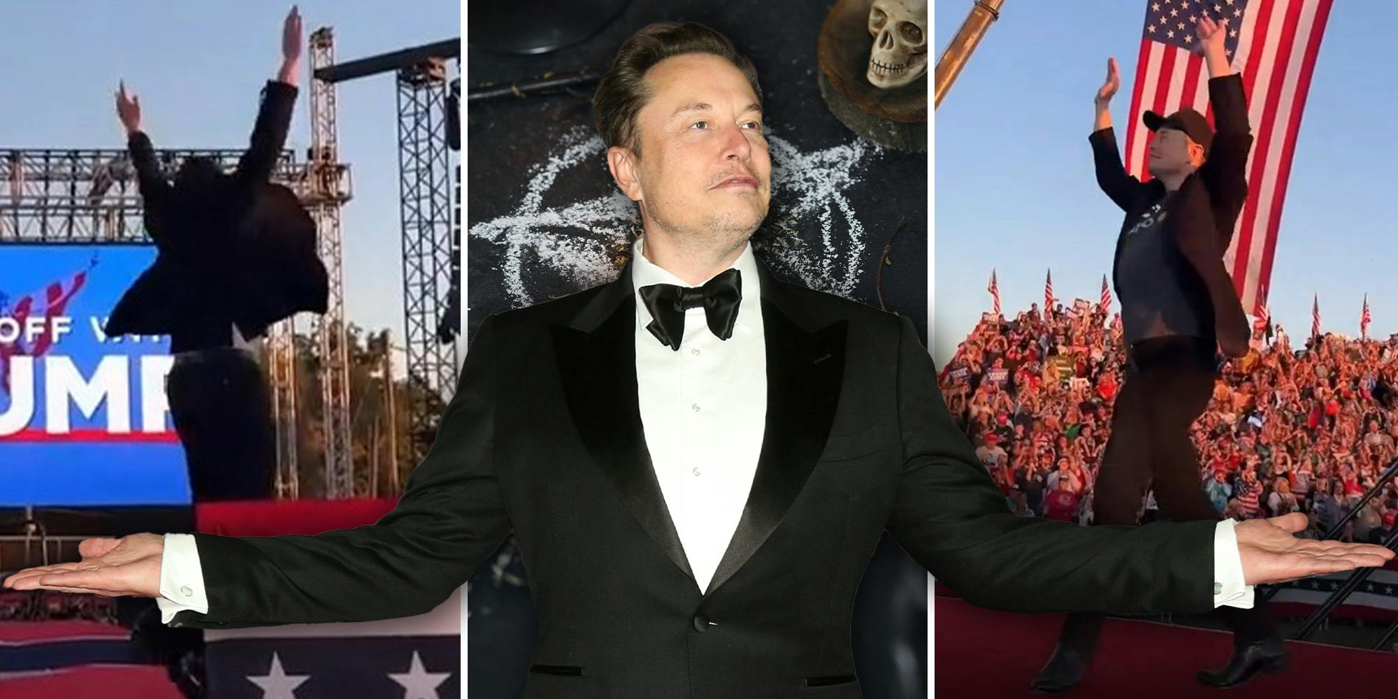 Elon Musk Jumping on Stage(l)(r) Elon musk wearing a suit with hands apart(c)