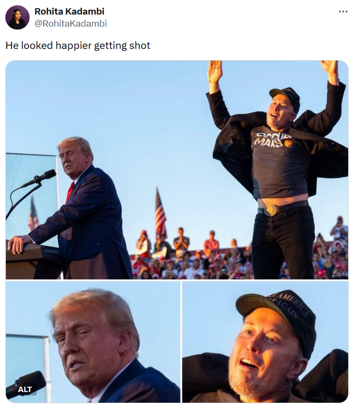 Elon Musk jumping meme claiming Trump looked happier getting shot.