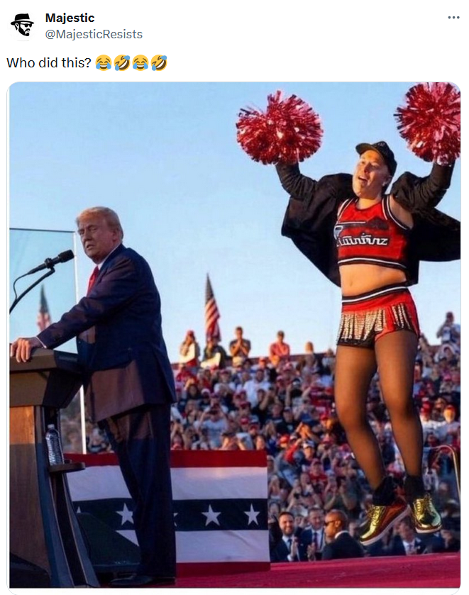 Elon Musk jumping meme Photoshopped into a cheerleader outfit.