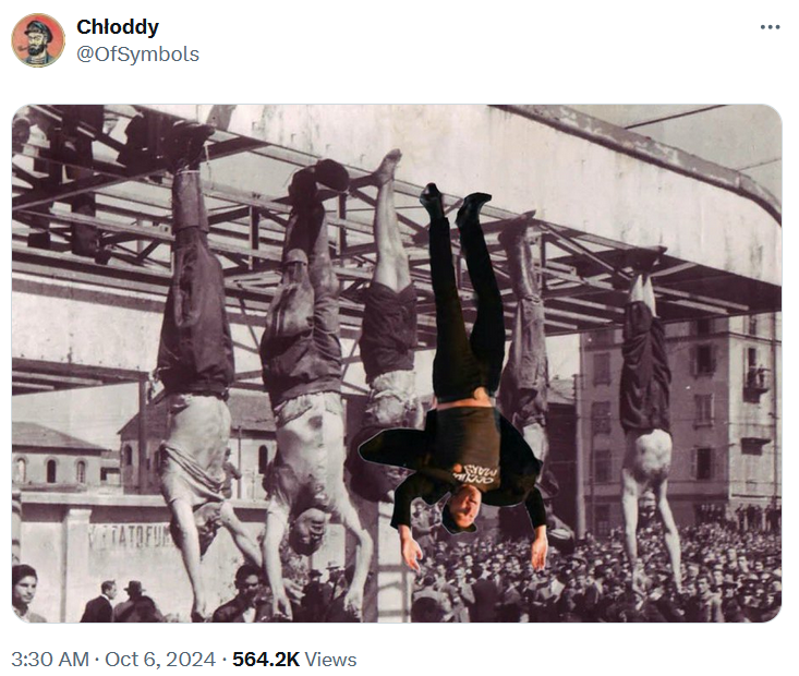 Elon Musk jumping meme Photoshopped to hang him up by the ankles with Italian fascists.