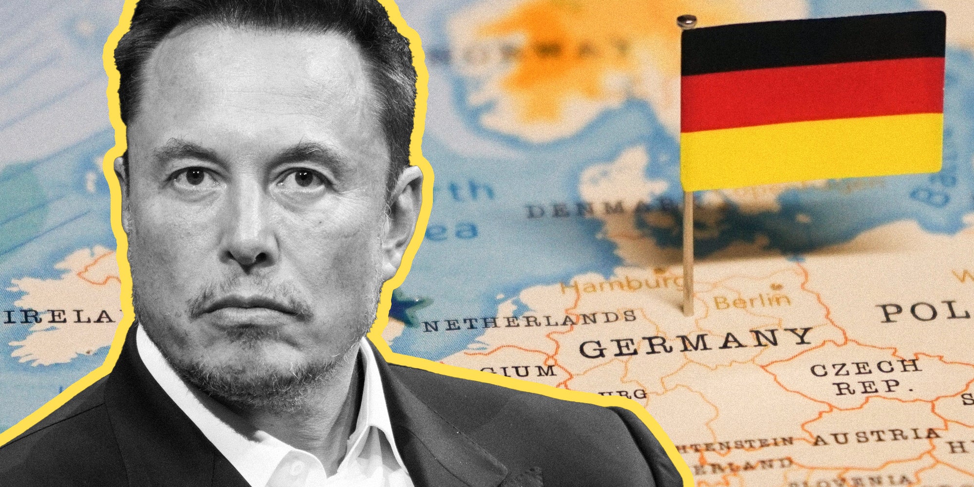 Elon Musk over map and flag of Germany