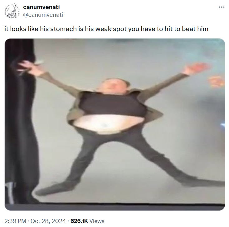 Elon Musk X meme saying that his stomach is his weak spot.