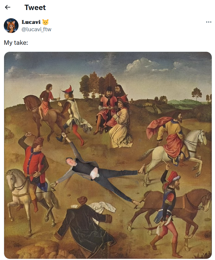 Elon Musk torture edit meme with him being drawn and quartered in an old painting.