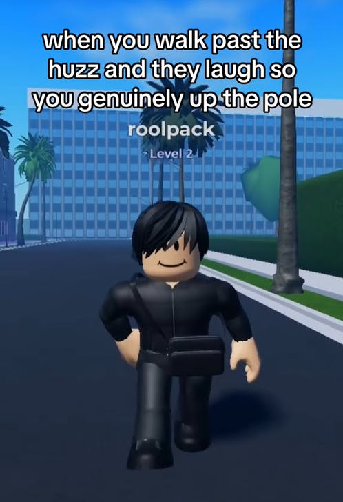 Emo kid clutching gun meme in Roblox.