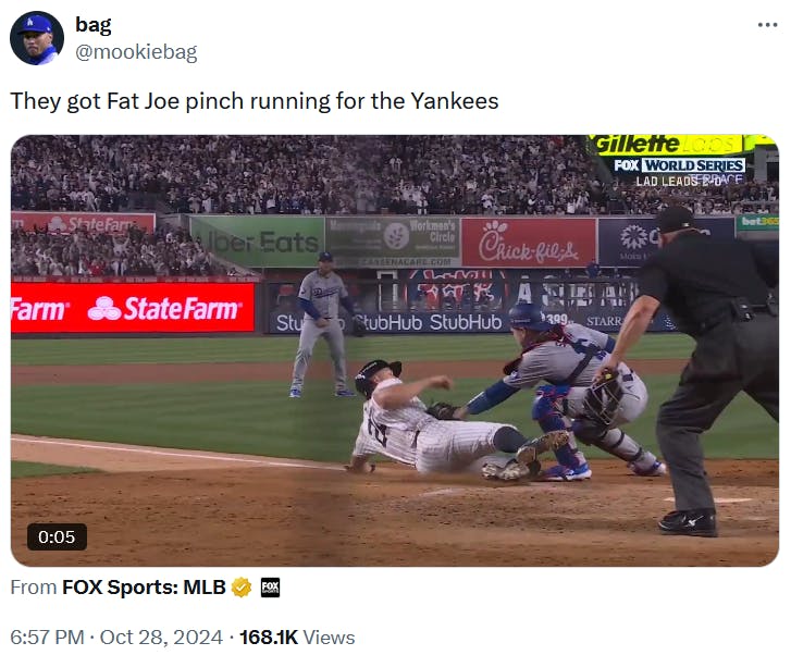 Tweet with a video of a baseball player sliding into home and getting tagged out.