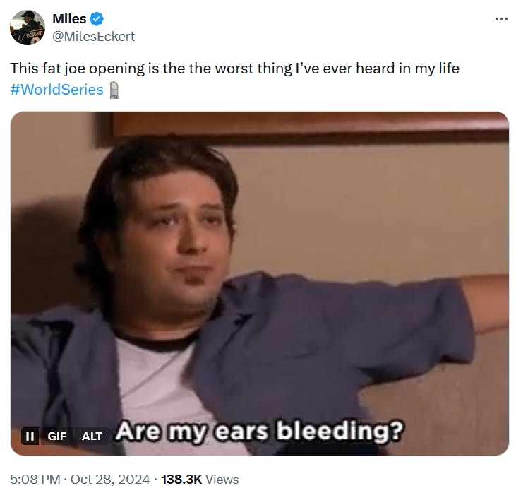 Tweet with a gif of a man asking 'are my ears bleeding?'