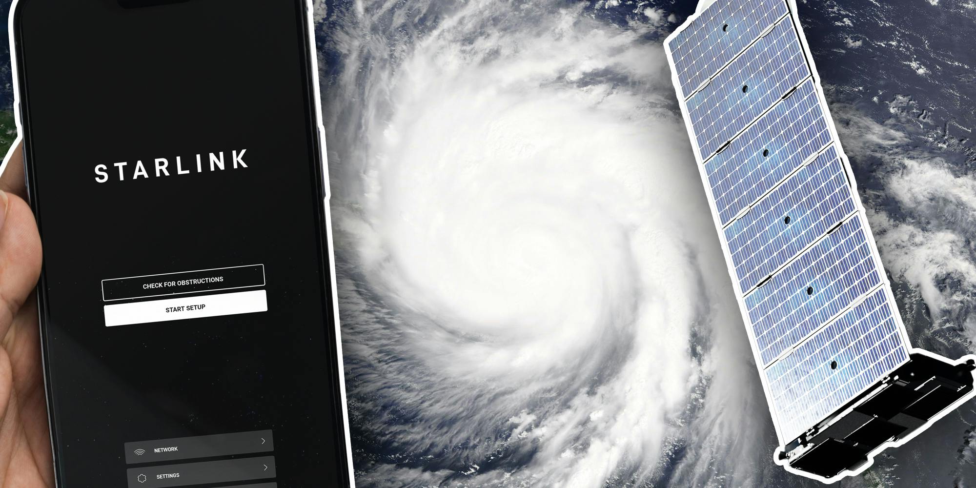 Hand holding phone with Starlink app and Starlink satellite over hurricane graphic