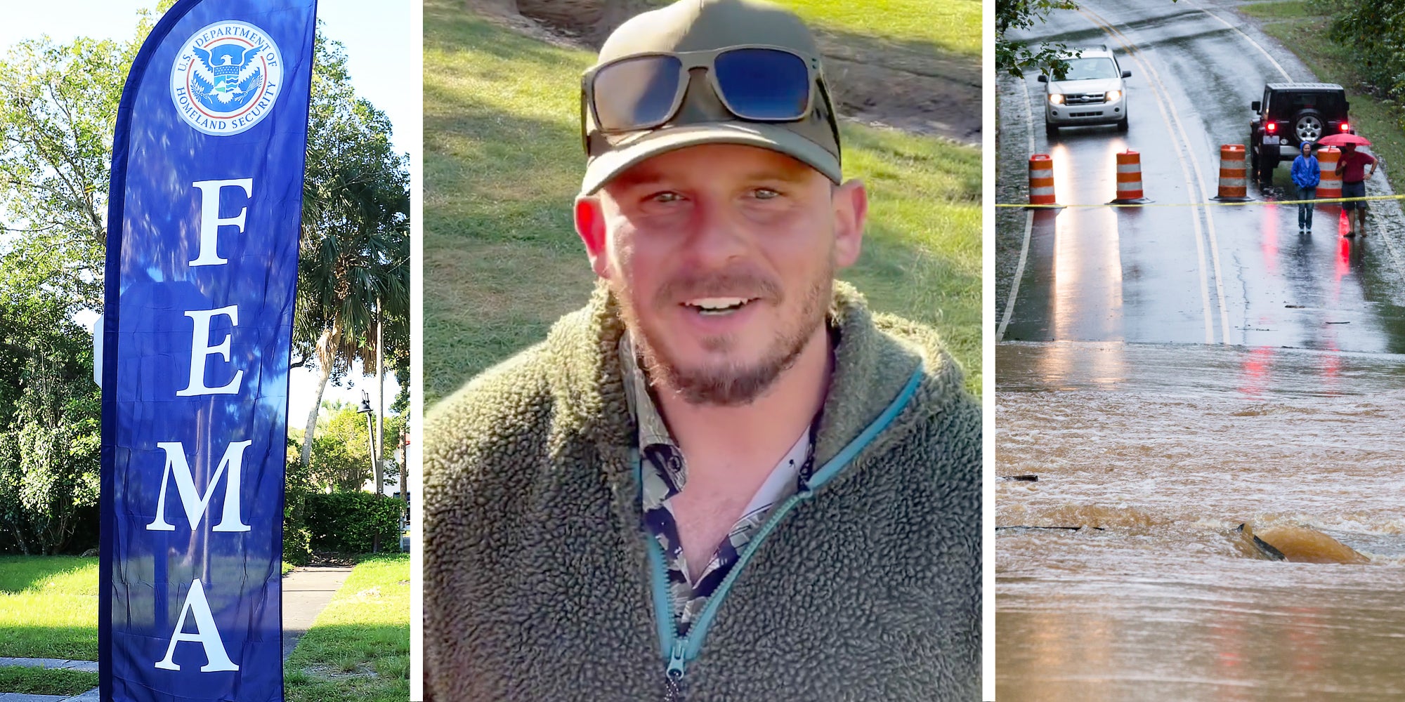 FEMA flag(l), Man talking(c), Motorists inspect a road flooded by rain from Hurricane north carolina(r)