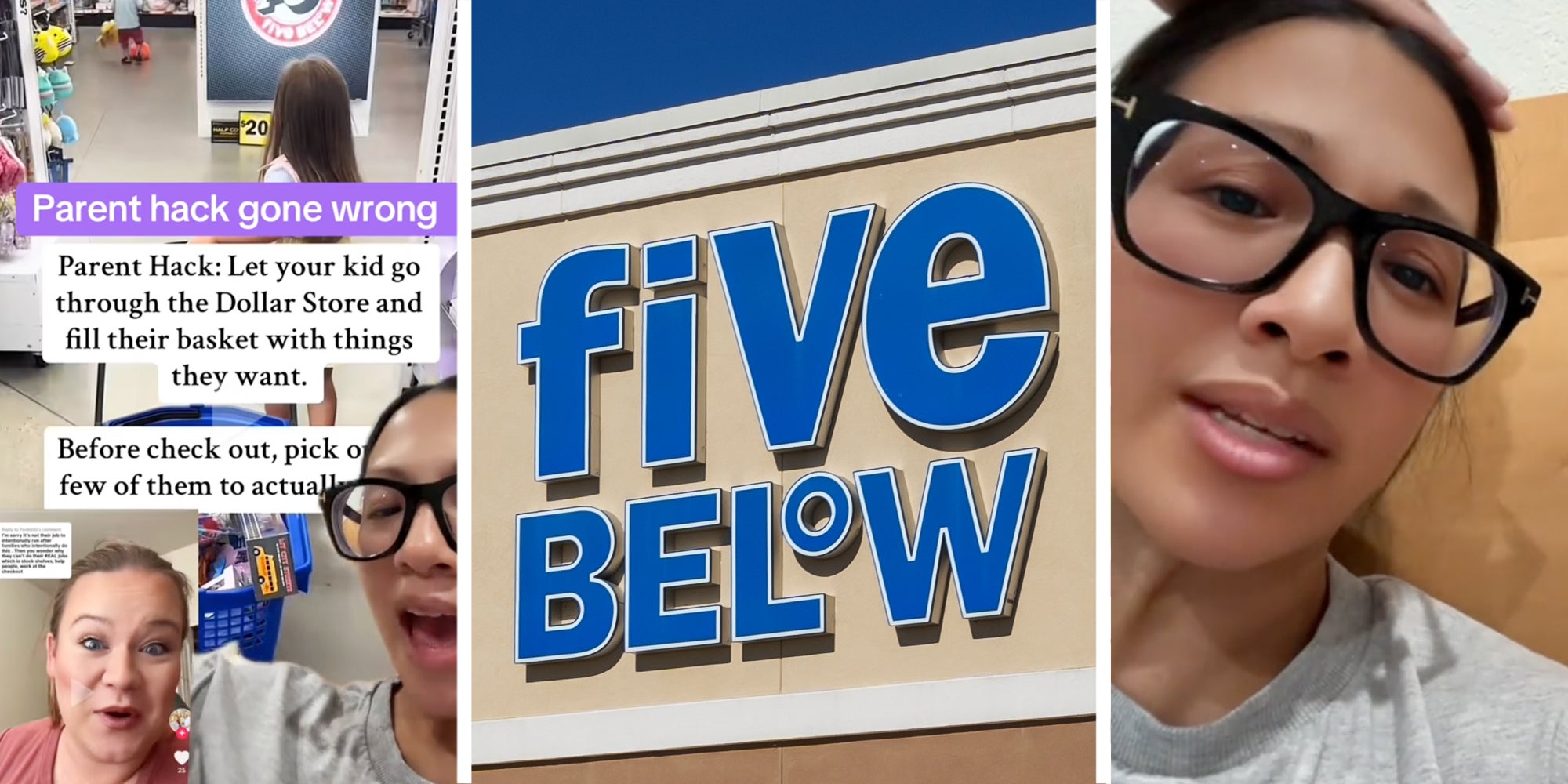 Woman talking over screenshot of parent hack gone wrong(l), Five Below sign(c), Woman looking frustrated(r)