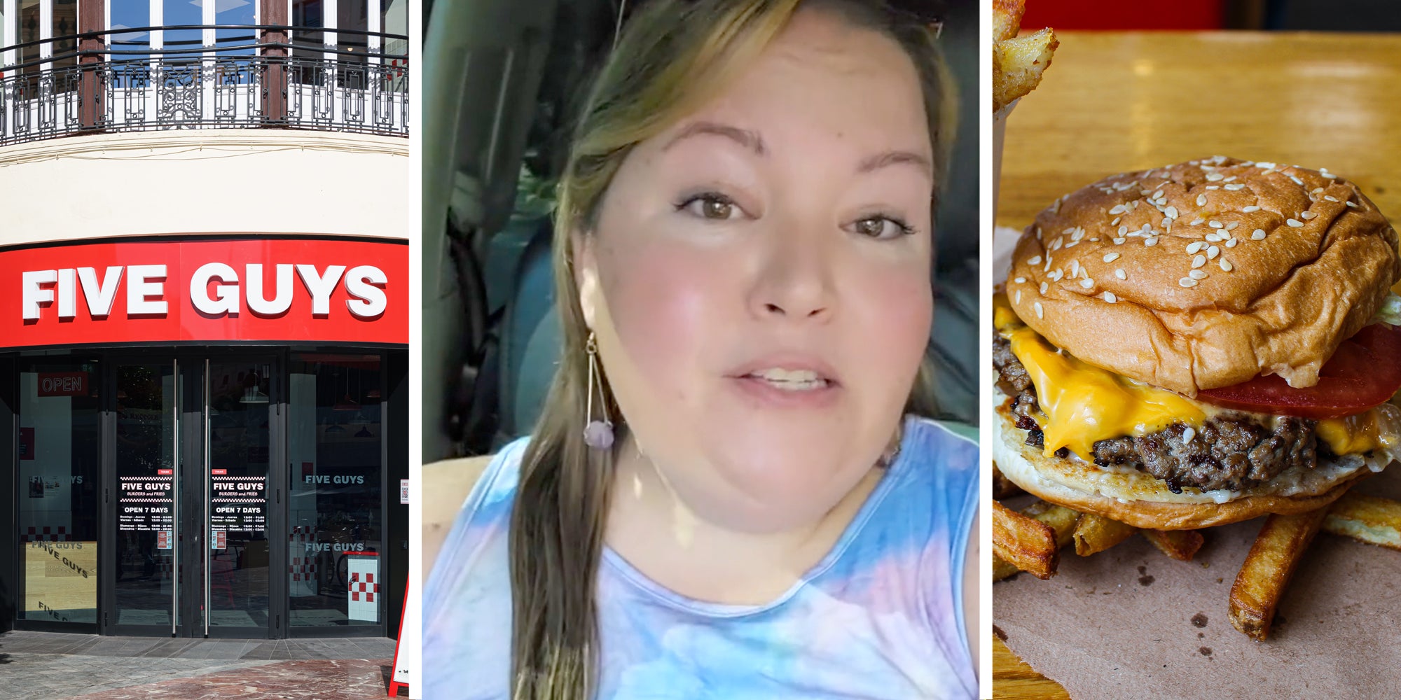 Five Guys storefront(l), Woman talking(c), Five Guys burger(r)