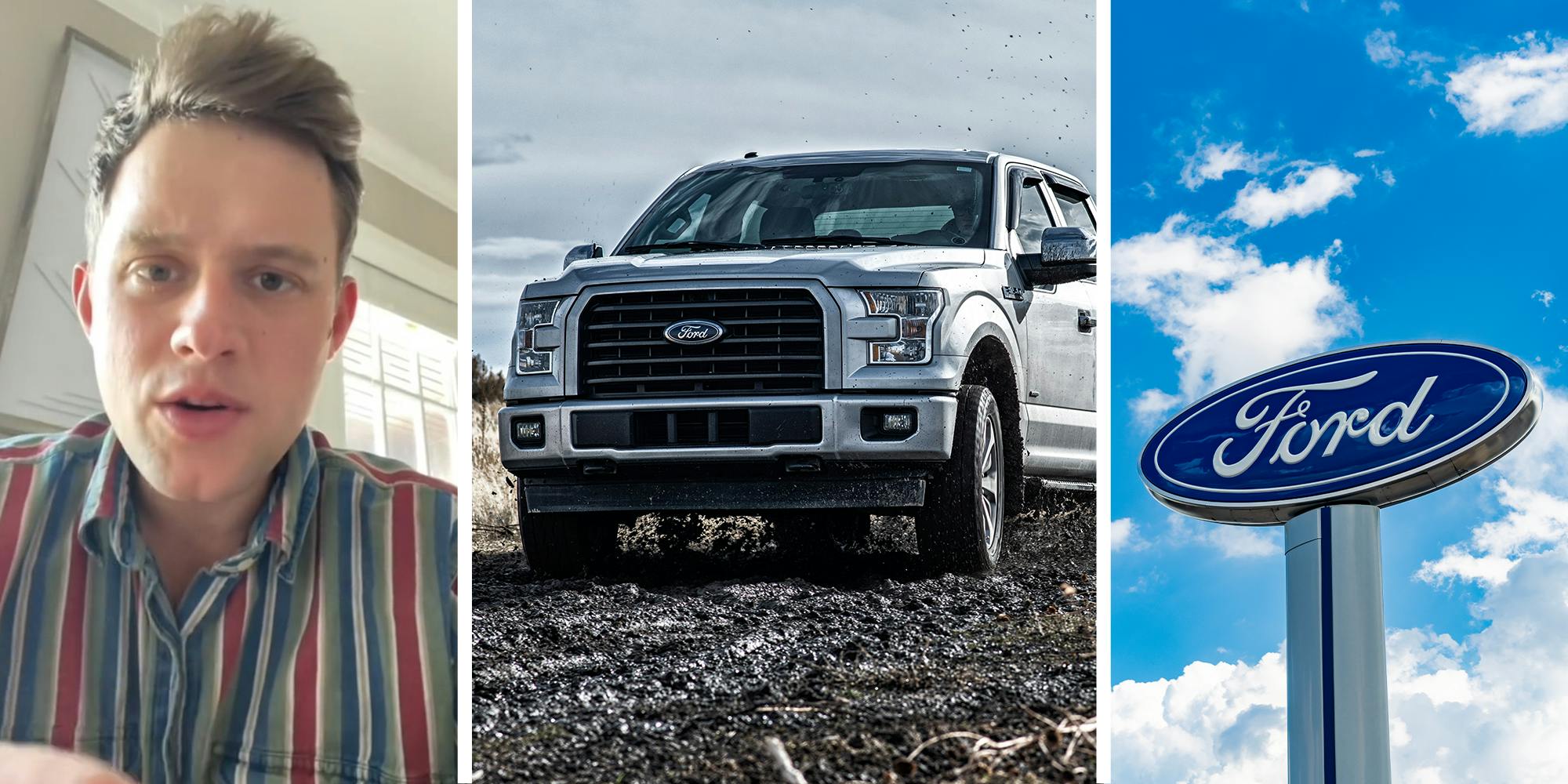 Man explaining on tiktok experience of buying a new ford(l) Ford F-150 on Dirt Road(c) Ford Brand Sign(r)