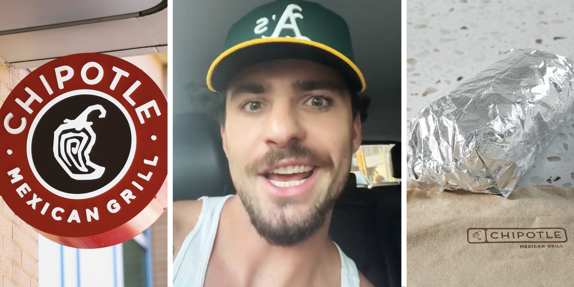 Chipotle sign(l), Man talking(c), Chipotle burrito and napkin(r)