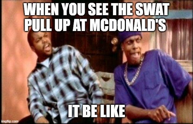 'when you see the swat pull up at mcdonalds it be like' friday meme