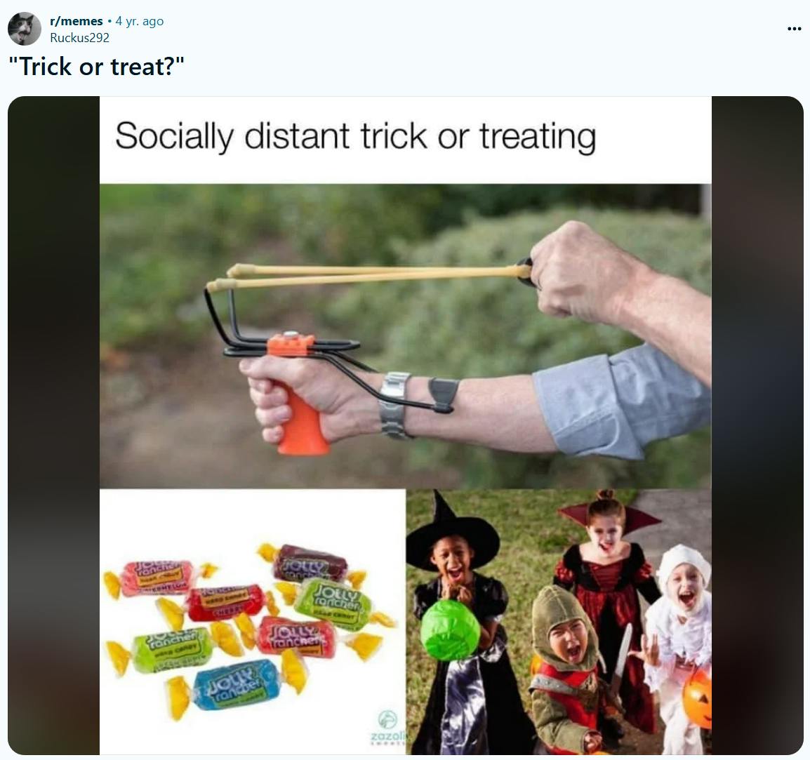 Funny trick or treat meme about social distancing