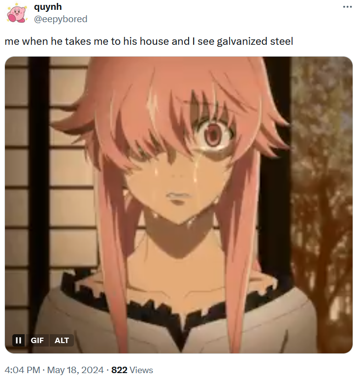 Galvanized square steel meme with a crying anime girl gif.