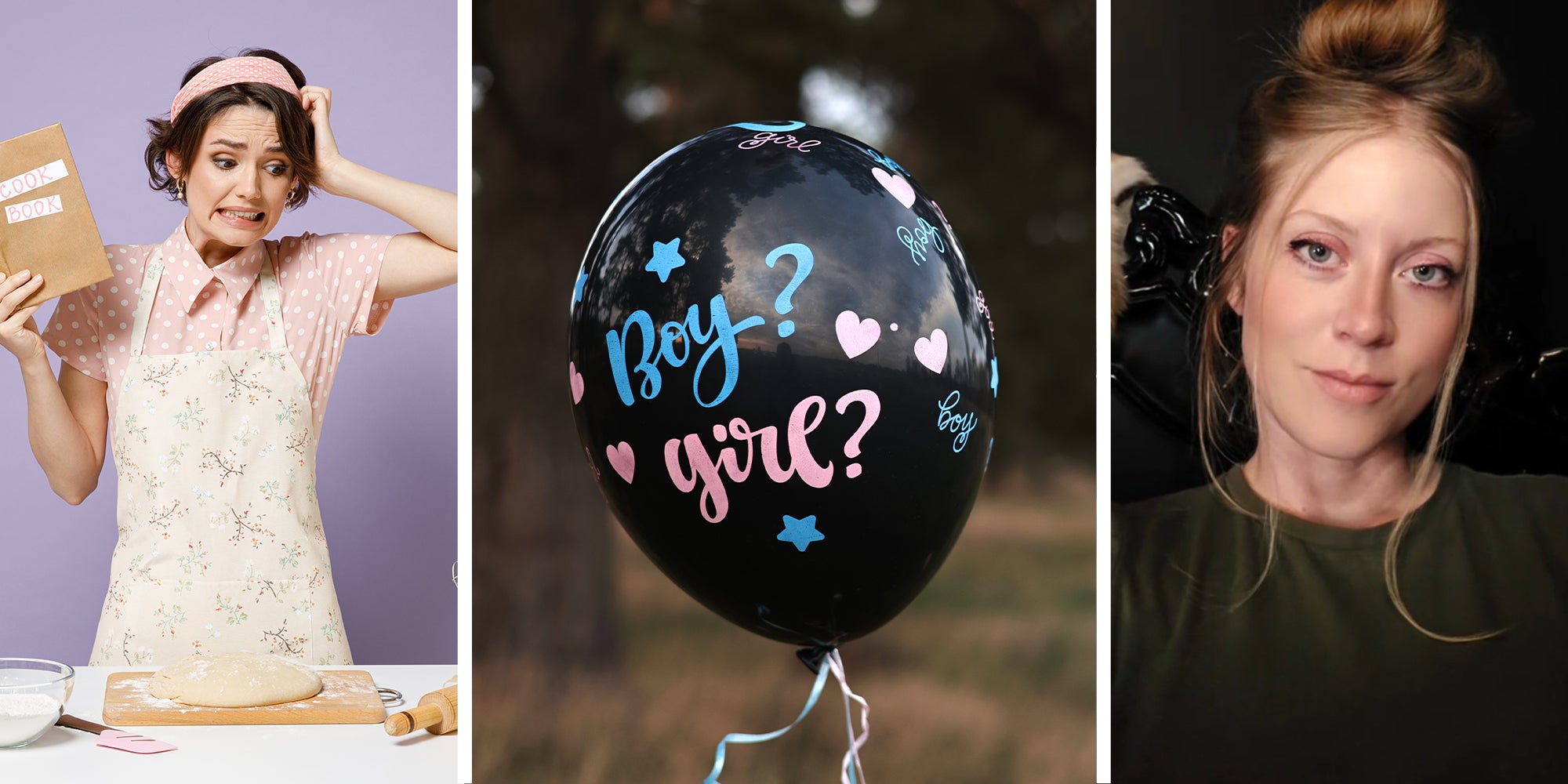 Baker realizing she made a mistake(l) Black Balloon with text 'Boy? Girl?' on it(c) Woman Sharing gender reveal story on TikTok