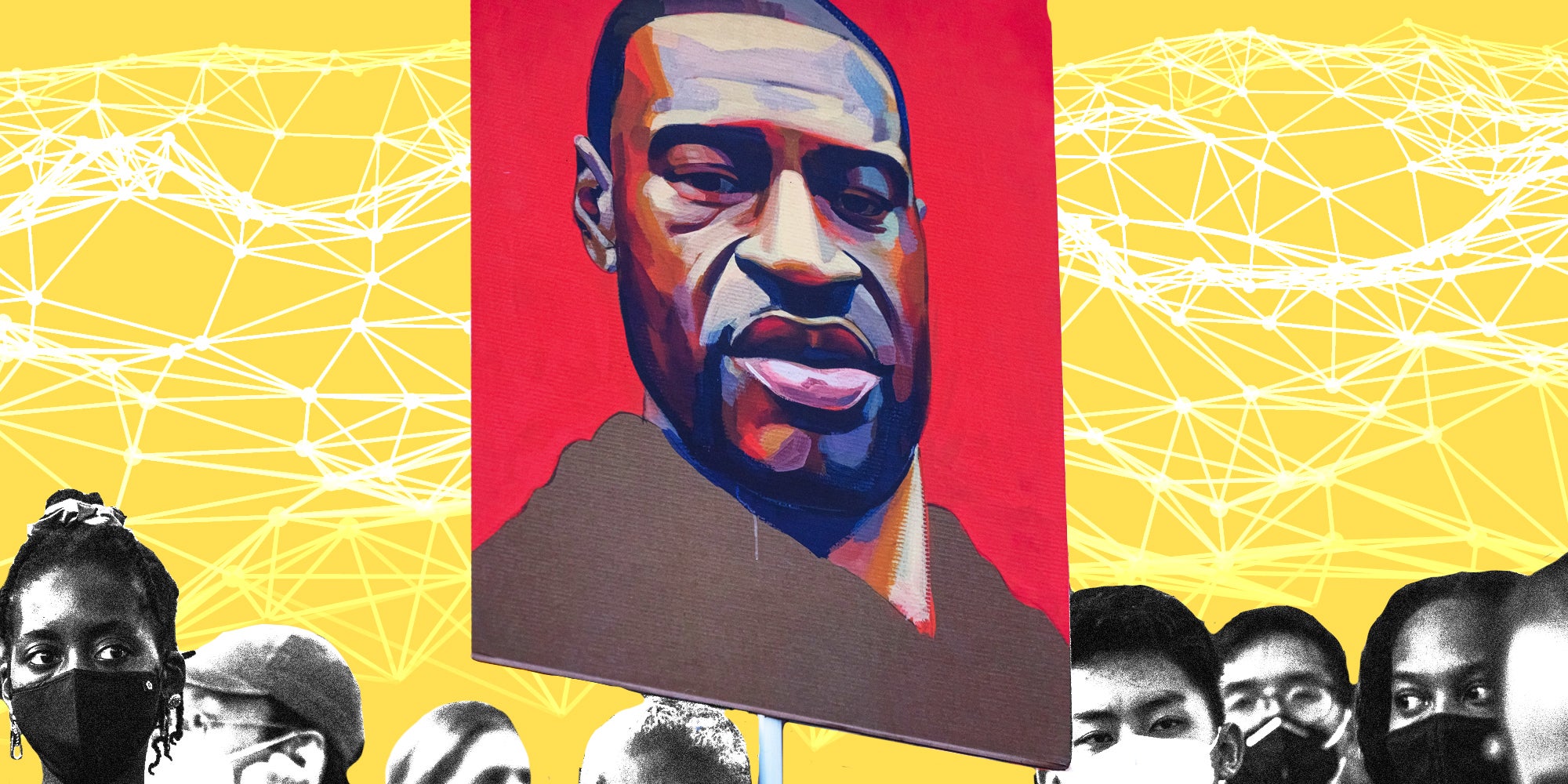 Painting of George Floyd with people below and graphics in the background