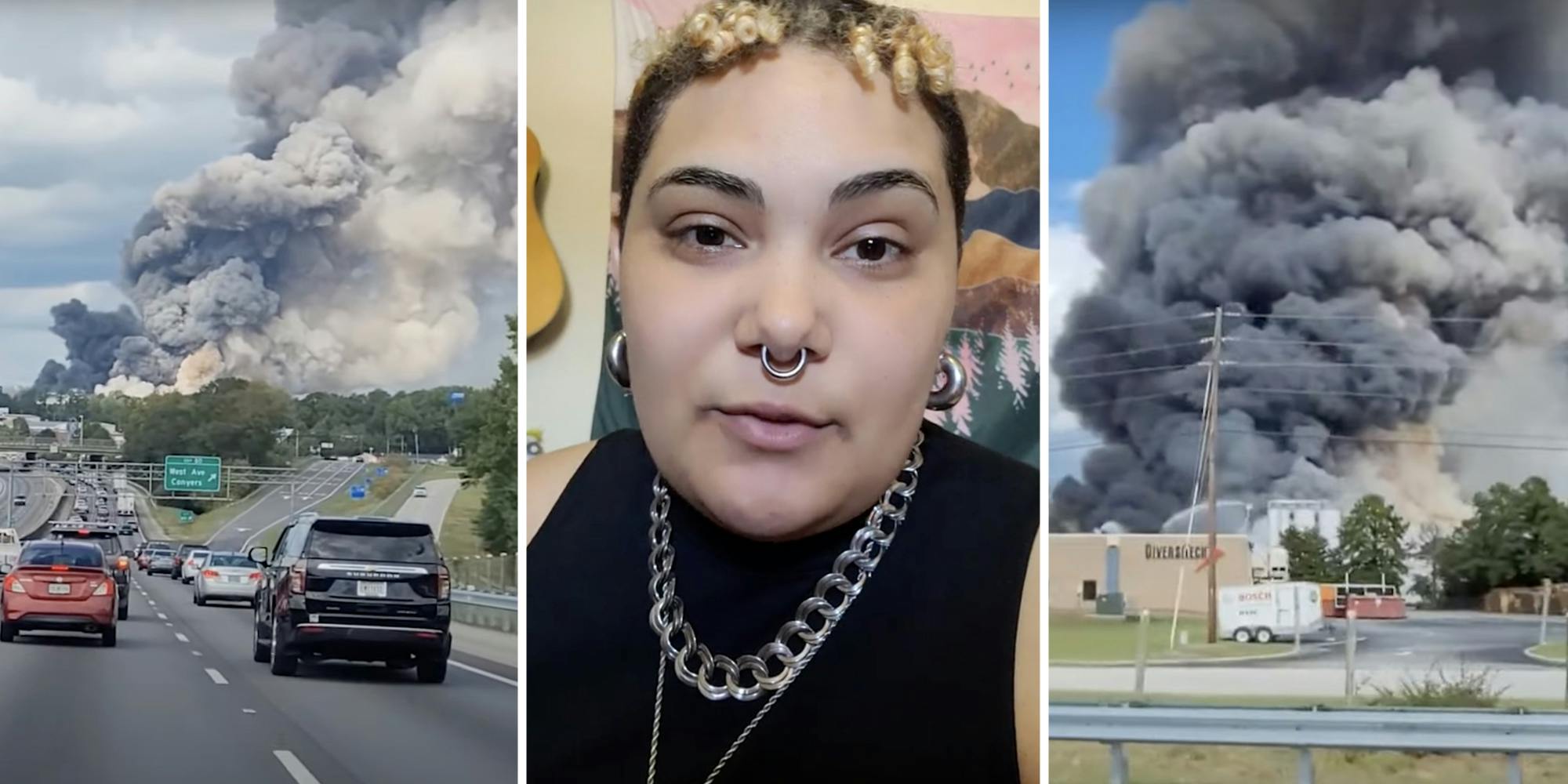 Cars in front of Chlorine gas plume(l), Person talking(c), Another view of plume(r)