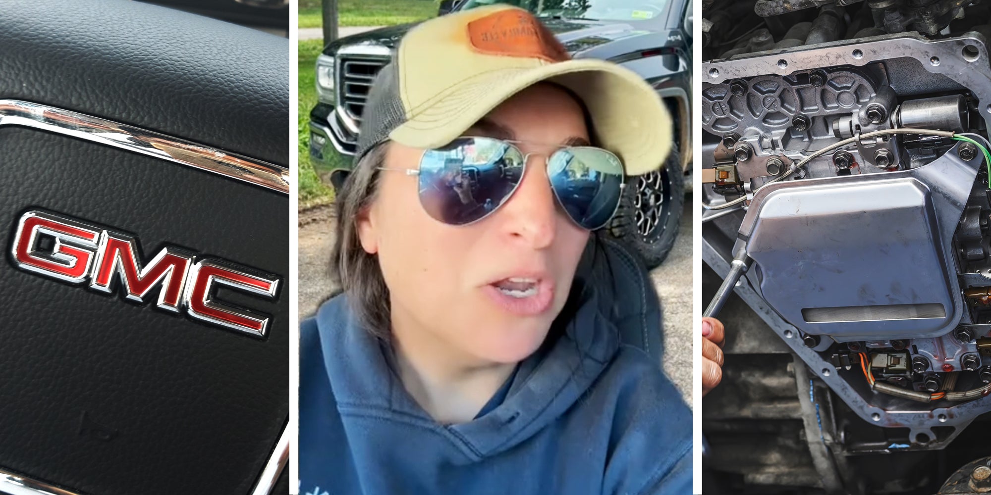 GMC logo(l), Woman talking(c), Car transmission(r)