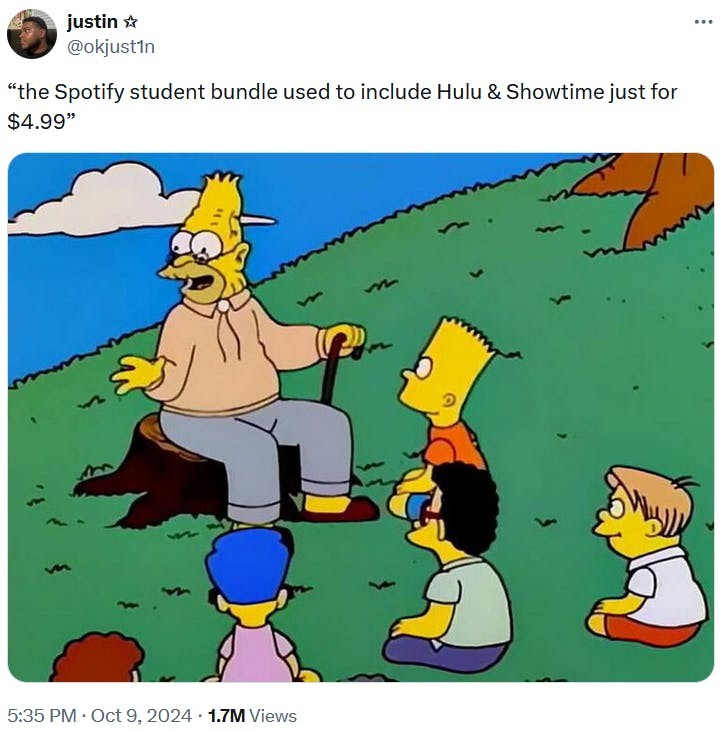 Grandpa Abe Simpson Telling Kids Stories meme about old Spotify pricing.