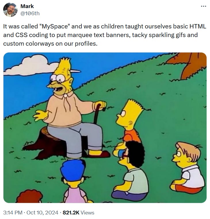 Grandpa Abe Simpson Telling Kids Stories meme about MySpace.