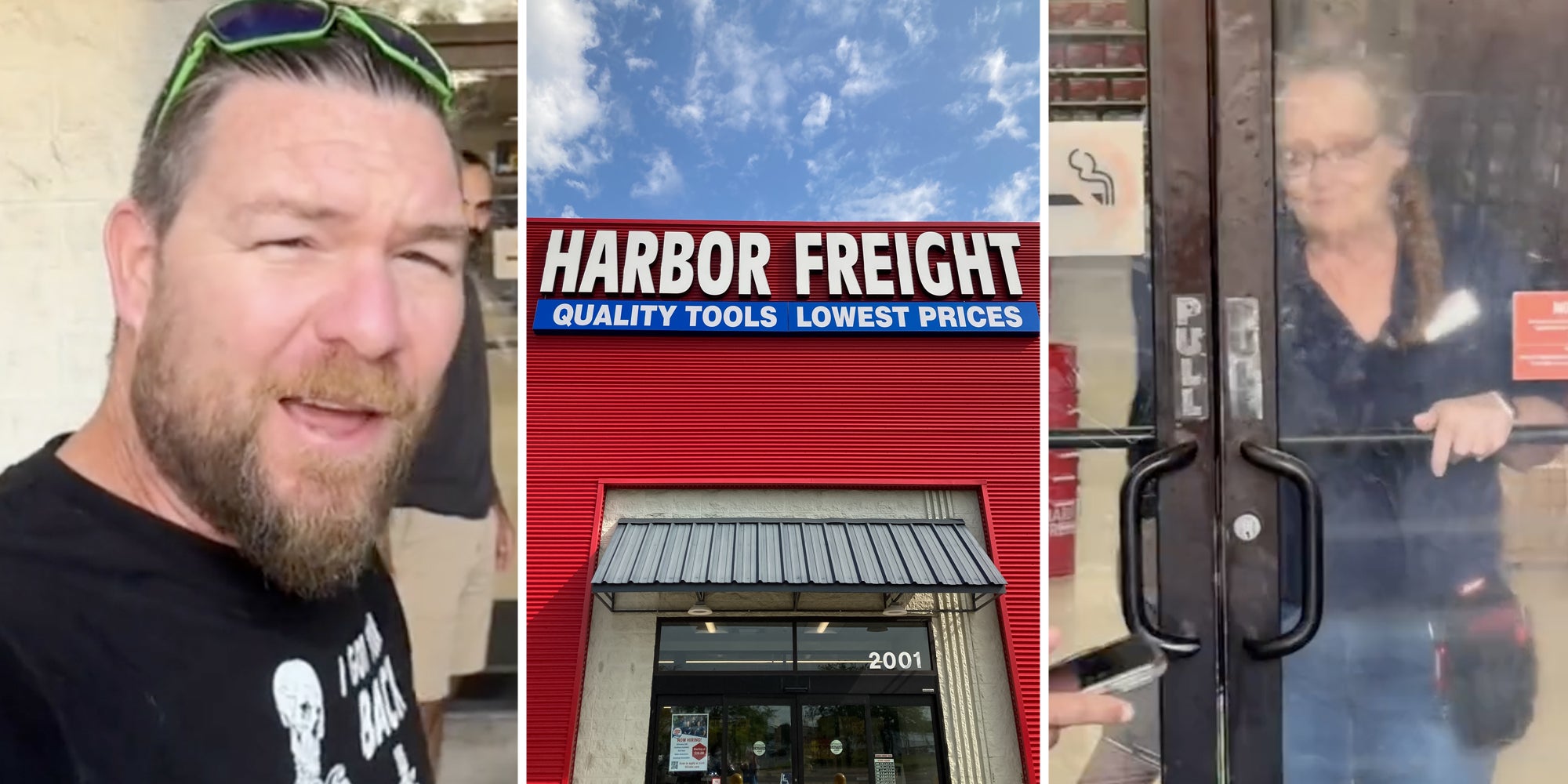 Man talking(l), Harbor Freight storefront(c), Woman opening up doors(r)