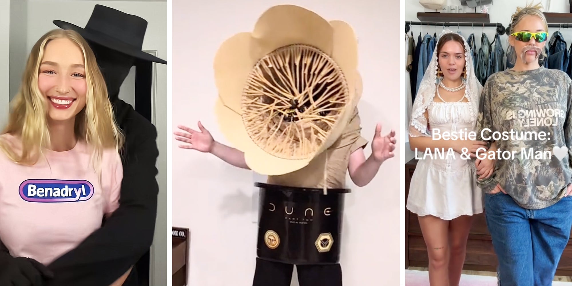 Benadryl couples costume(l), Dune popcorn bucket costume(c), Lana Del Ray and Husband costume(r)