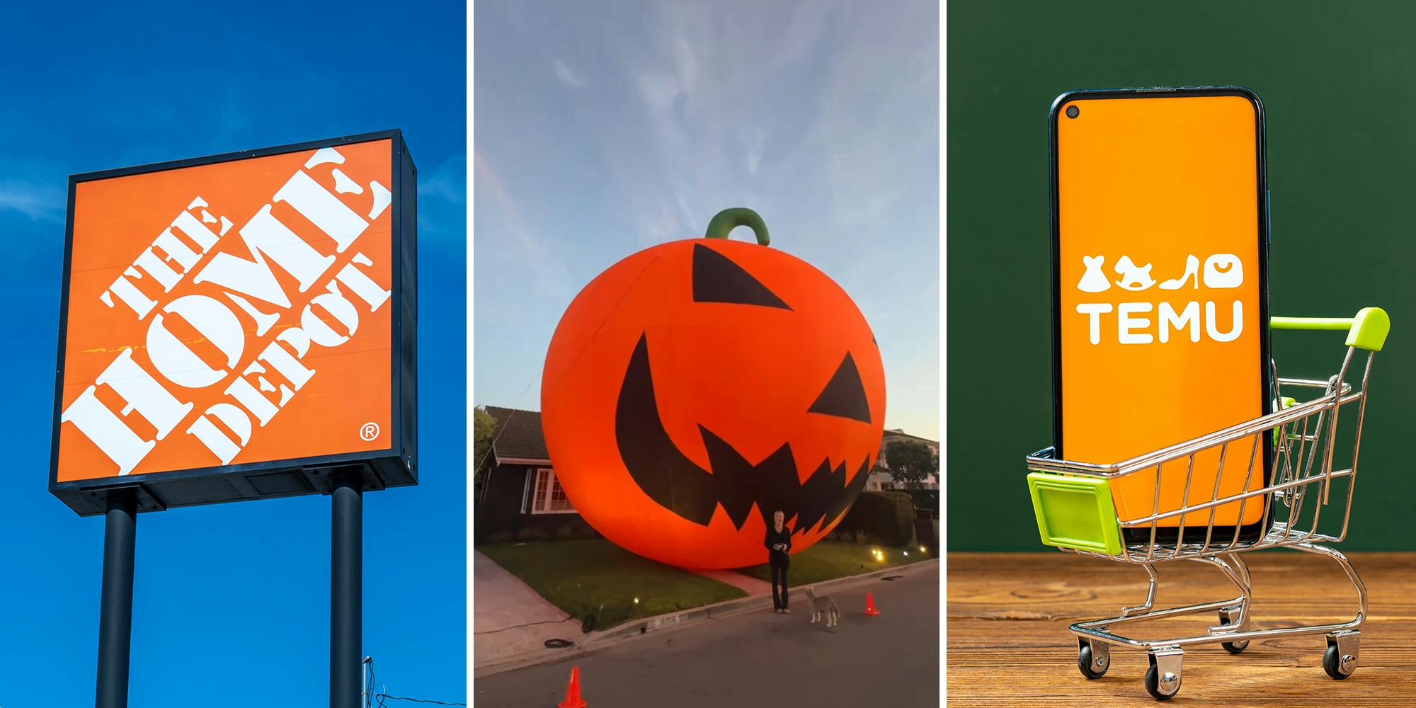 The Home Depot Sign(l) Large Blow Up pumpkin decoration(c) Temu logo on phone display in a toy cart(r)