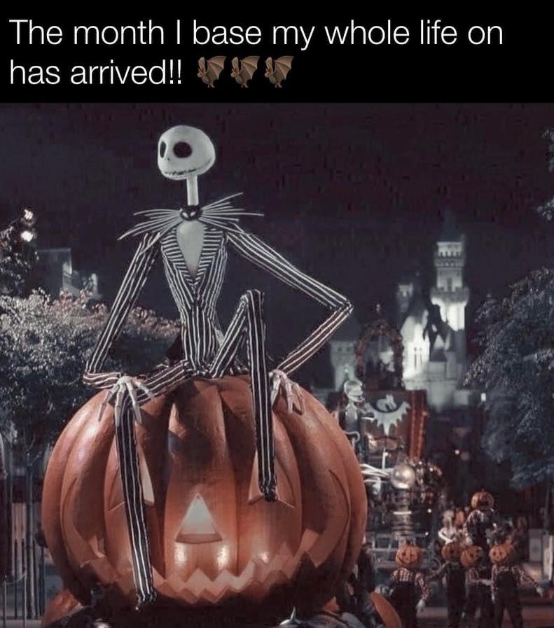 Halloween meme of Nightmare Before Christmas. Text reads, 'The month I base my whole life on has arrived!! (bat emojis)'