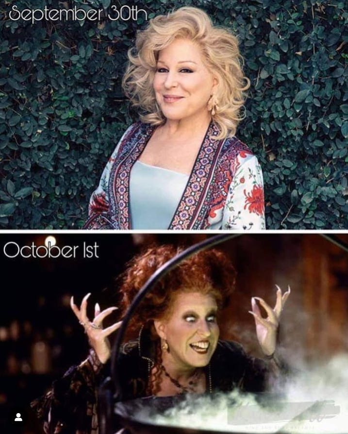 Halloween meme of Bette Midler as herself on September 30th and as Winifred Sanderson on October 1st.