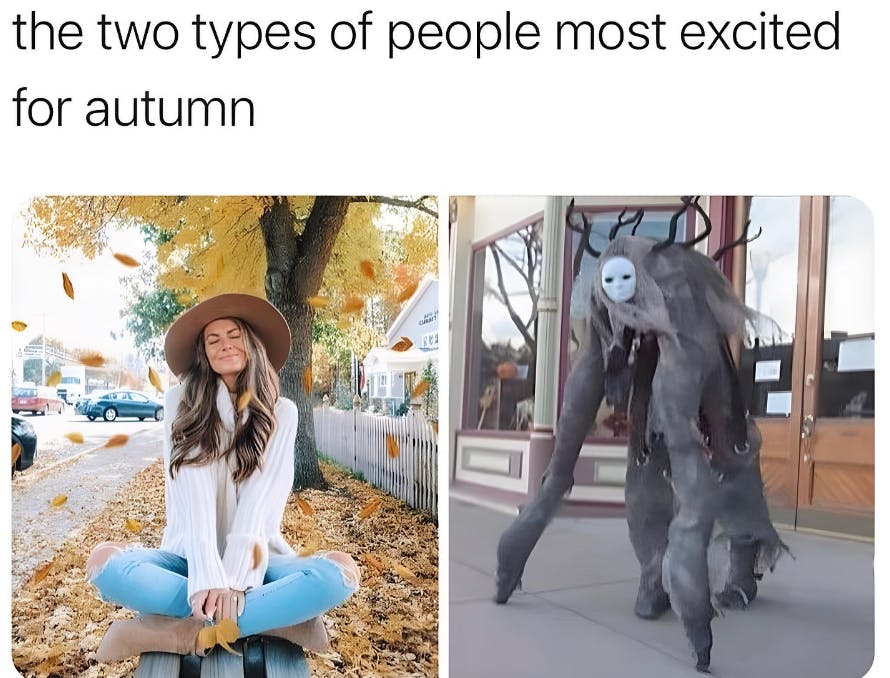 Halloween meme of Christian Girl Fall and a person dressed up as a cryptid. Text reads, 'the two types of people most excited for autumn.'