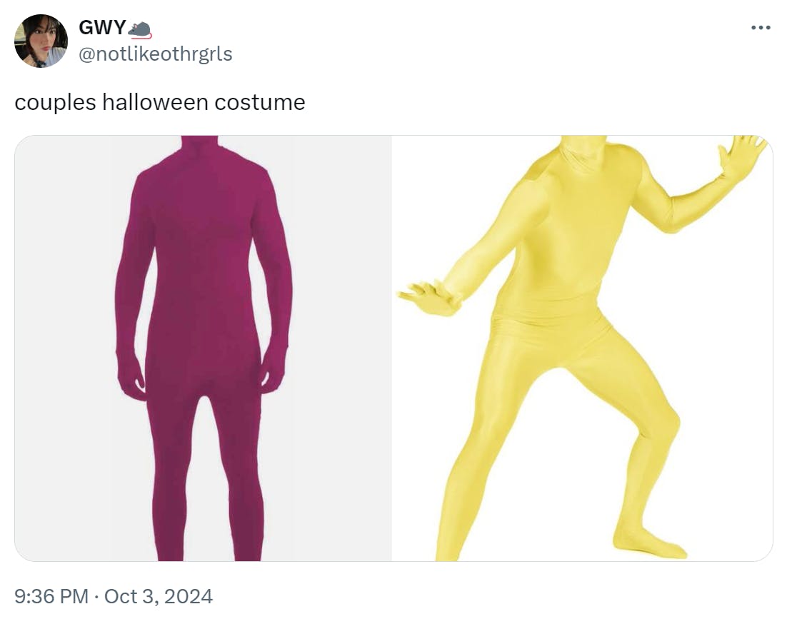 Tweet that reads, 'couples halloween costume' with fuchsia and yellow body suits.