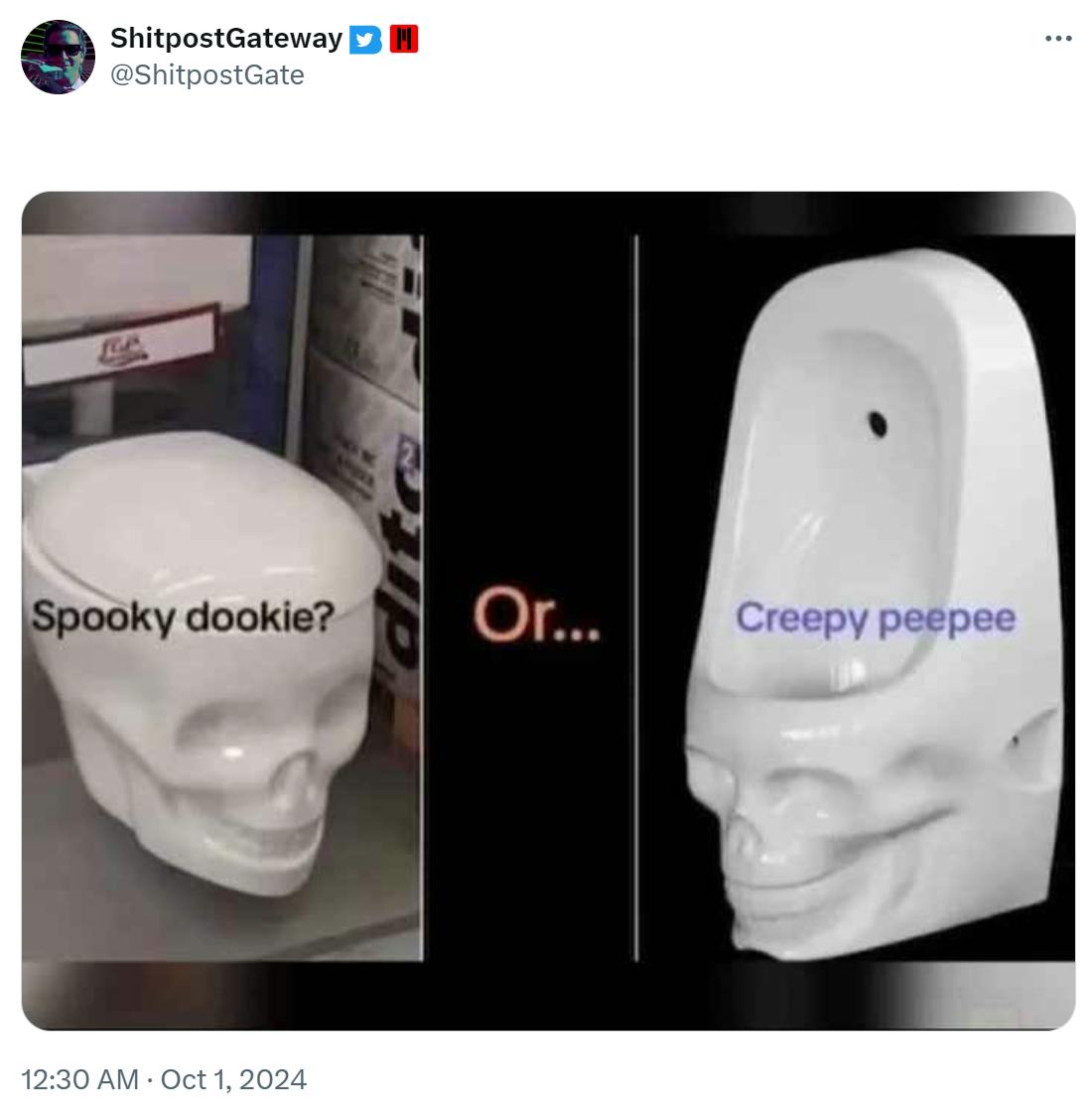 Photos of a toilet and a urinal shaped like skulls. Text reads, 'Spooky dookie? Or... Creepy peepee.'