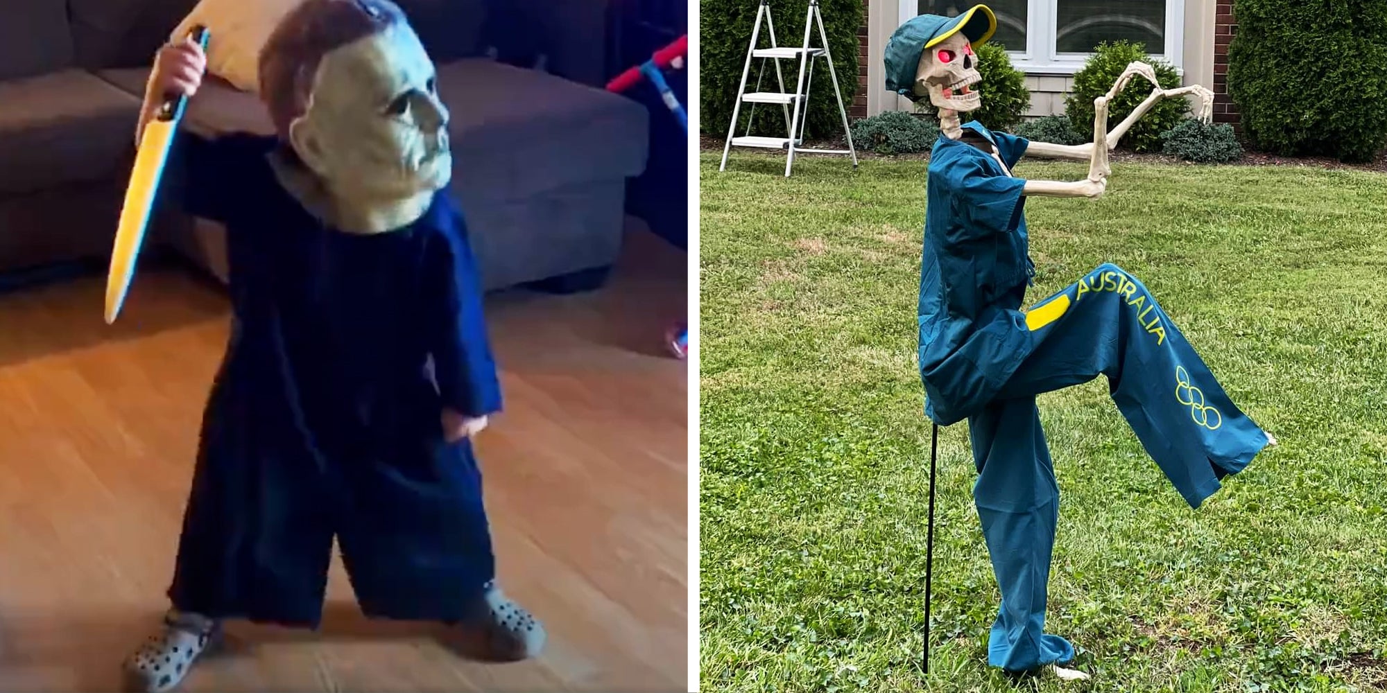 Toddler wearing michael meyers mask and holding knife(l), Skeleton dressed up and posed as RayGun(R)