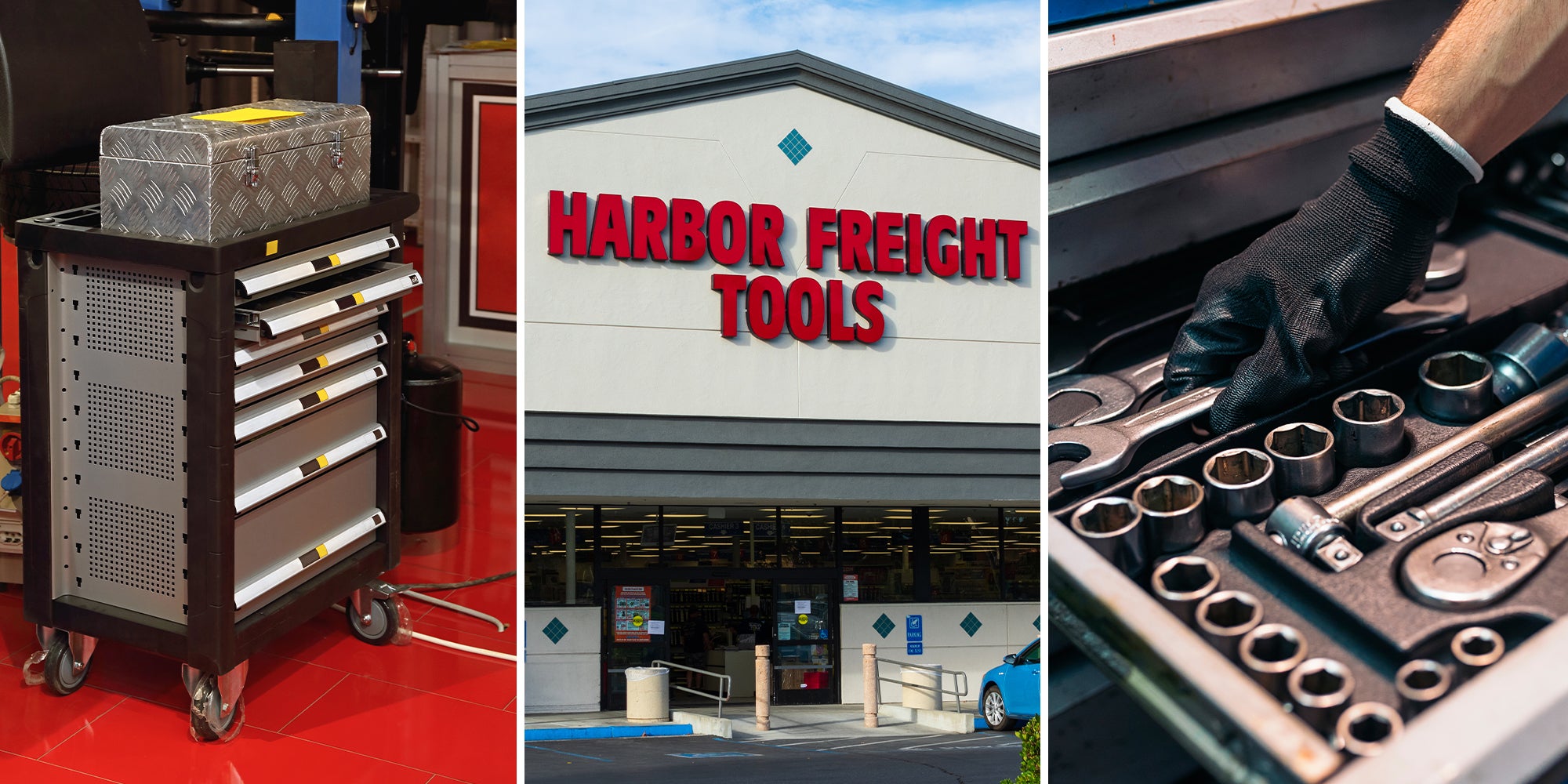 Service Garage Tools Box Cart With Drawers(l); Harbor freight tools store front(c); Mechanic picking up tools from kit(r)