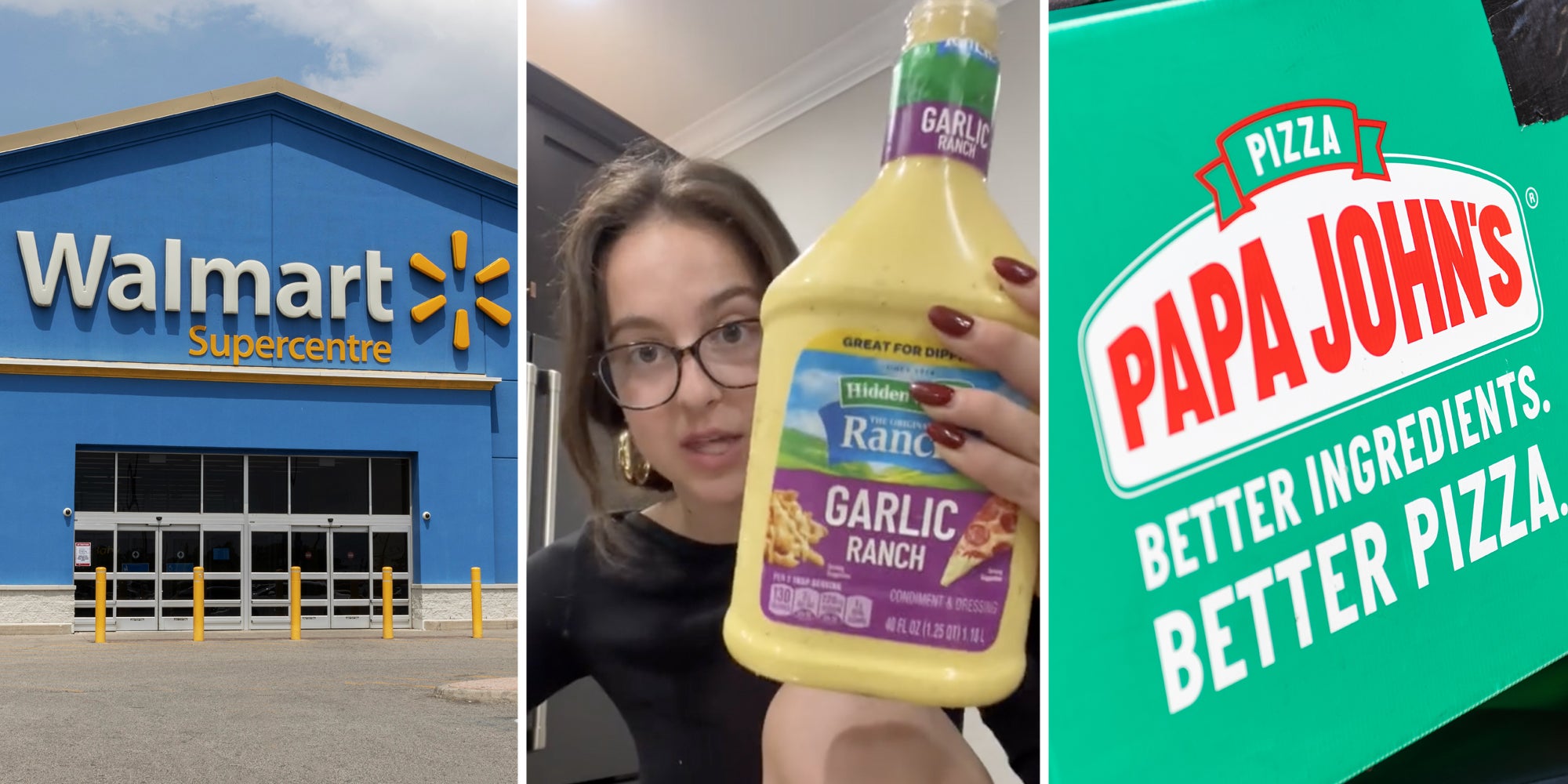 Walmart storefront(l), Woman holding Hidden Valley Garlic Ranch(c), Papa John's sign(r)