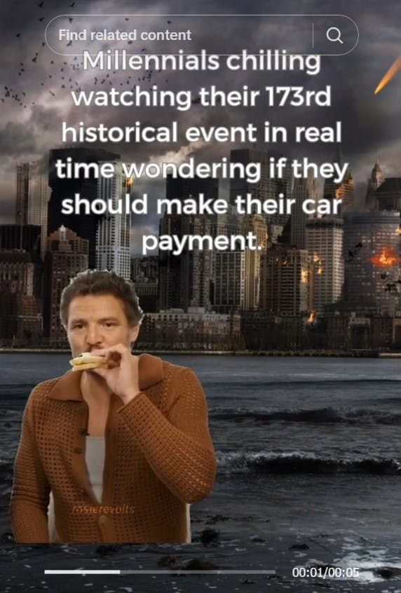 'millennials chilling watching theri 173rd historical event in real time wondering if they should make their car payment' pedro pascal meme