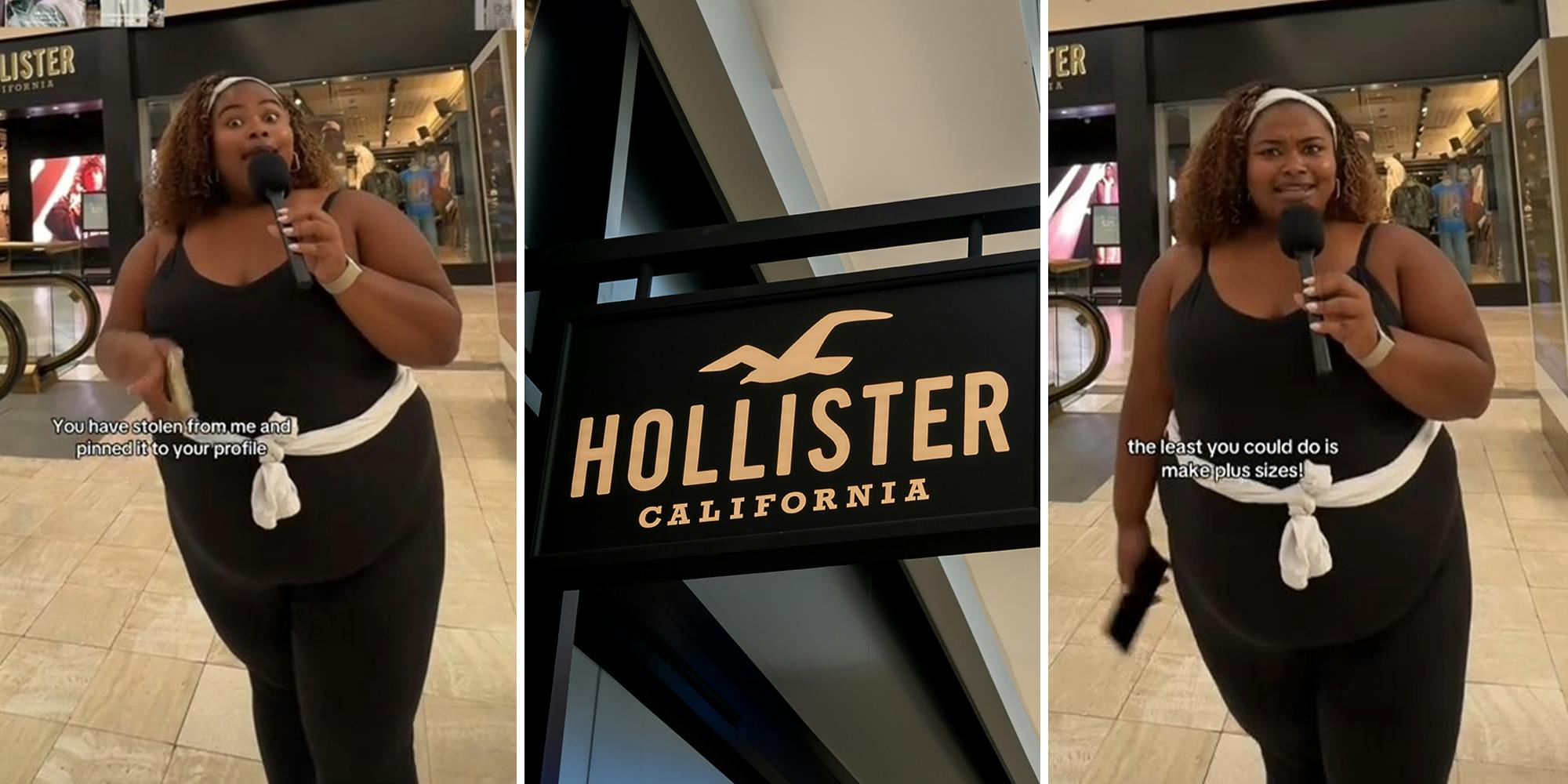 Plus-size woman holding mic Infront of hollister store; Hollister store sign.