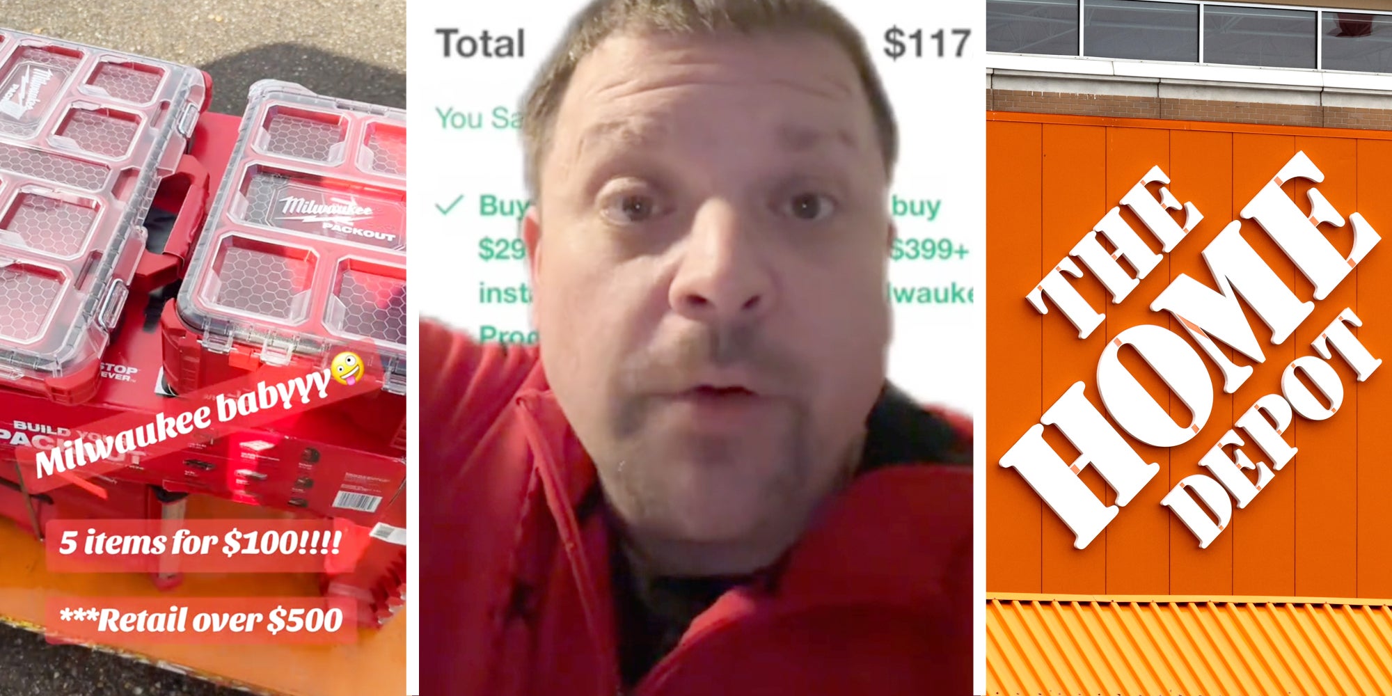 Milwaukee tools with text that says 'milwaukee babyyyy - 5 items for $100!!!! **** Retail over $500'(l), Man talking(c), The Home Depot storefront(r)