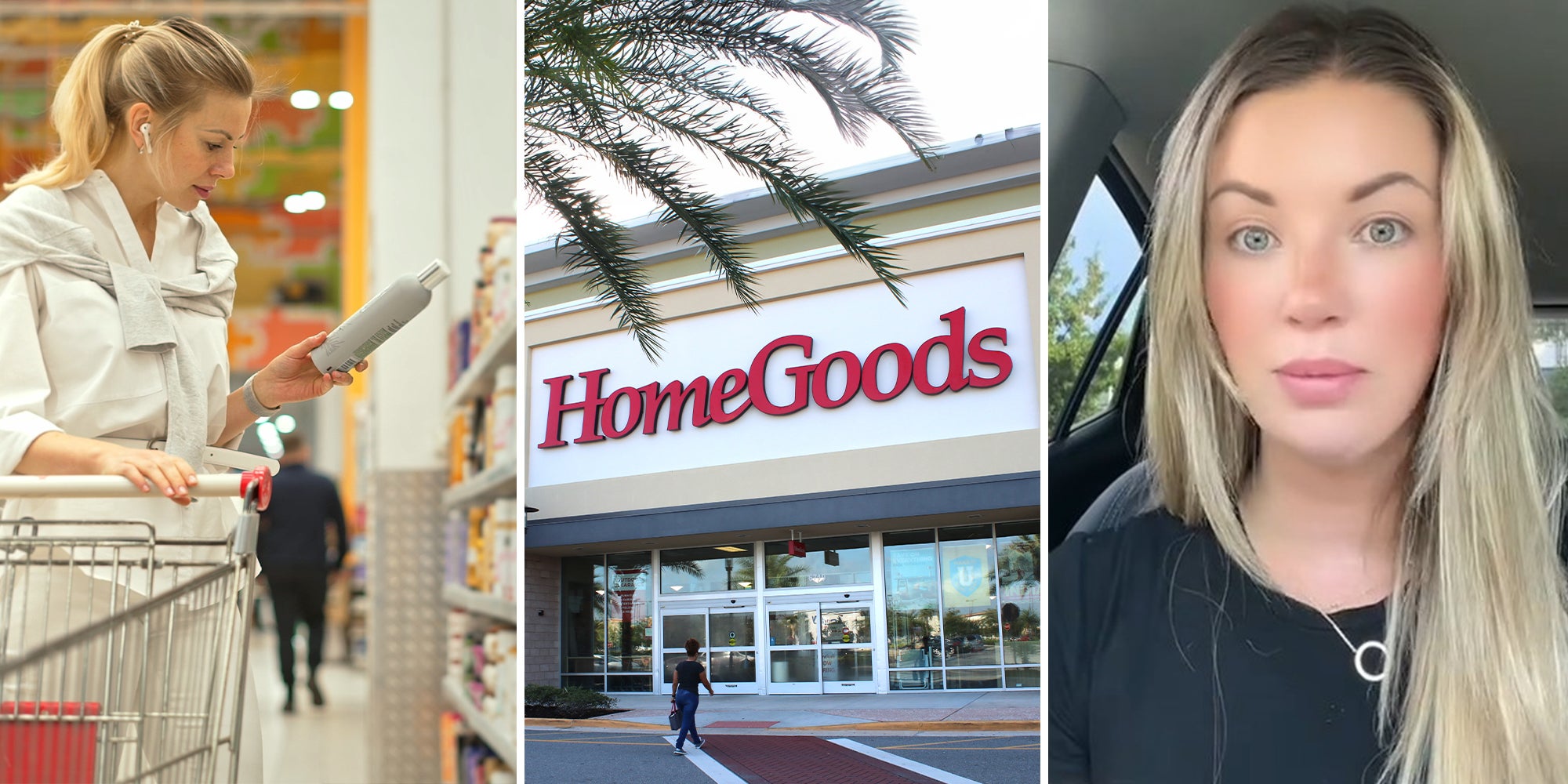 Woman shopping in store(l); HomeGoods Store Front(c) Woman looking shocked while sharing experience at HomeGoods(r)
